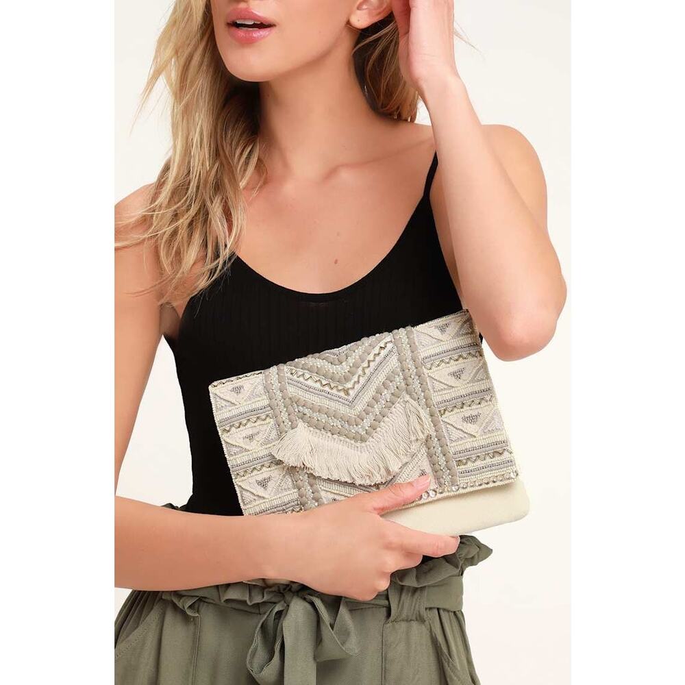 Cream Beaded Sequin Clutch Purse